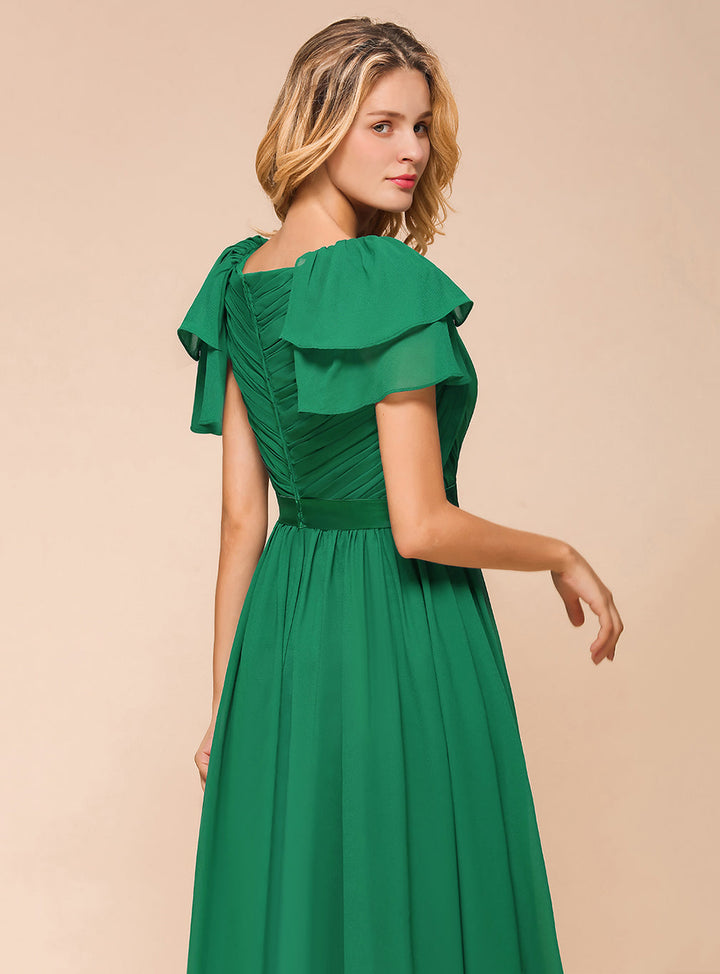 A-line Short Sleeves Ruffle Chiffon Floor-Length Dress Emerald-koscy