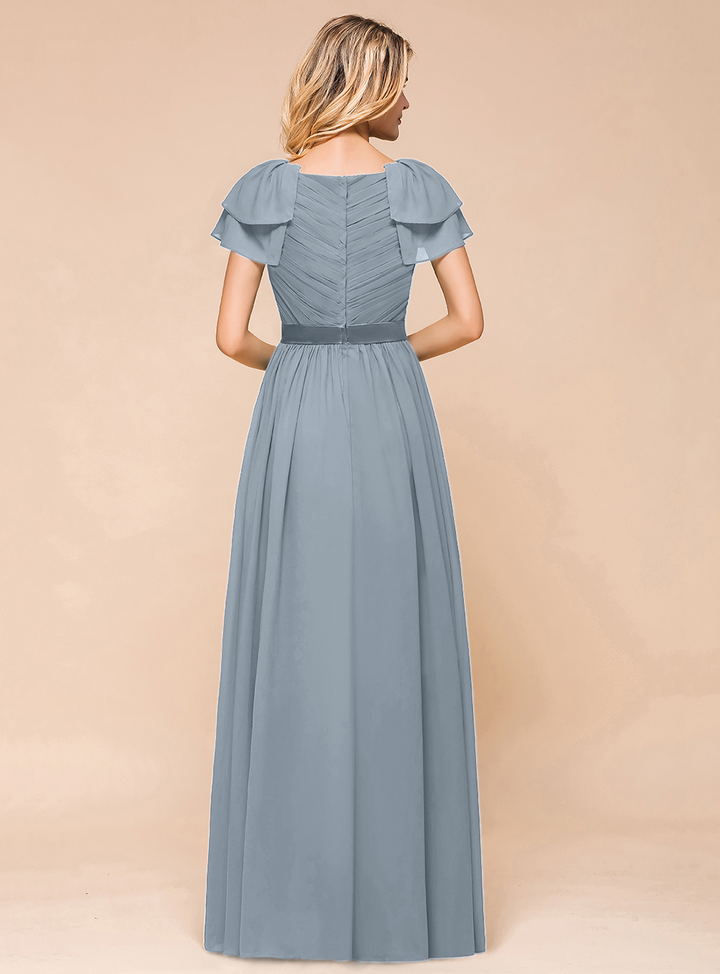 A-line Short Sleeves Ruffle Chiffon Floor-Length Dress Emerald-koscy