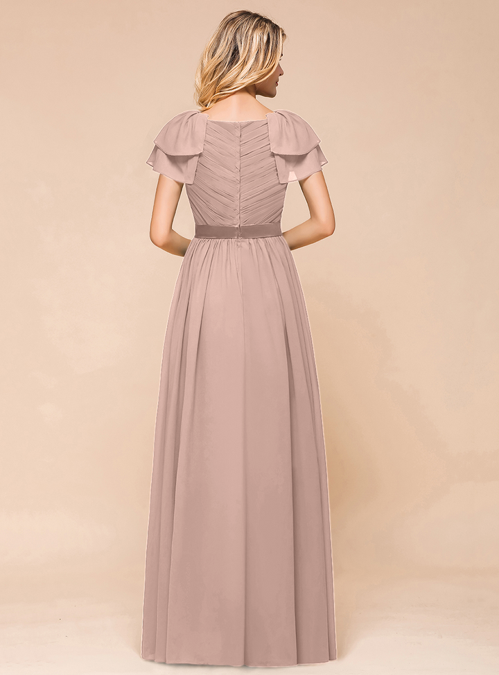 A-line Short Sleeves Ruffle Chiffon Floor-Length Dress Emerald-koscy