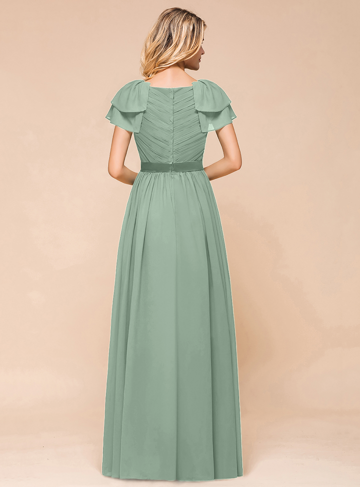 A-line Short Sleeves Ruffle Chiffon Floor-Length Dress Emerald-koscy