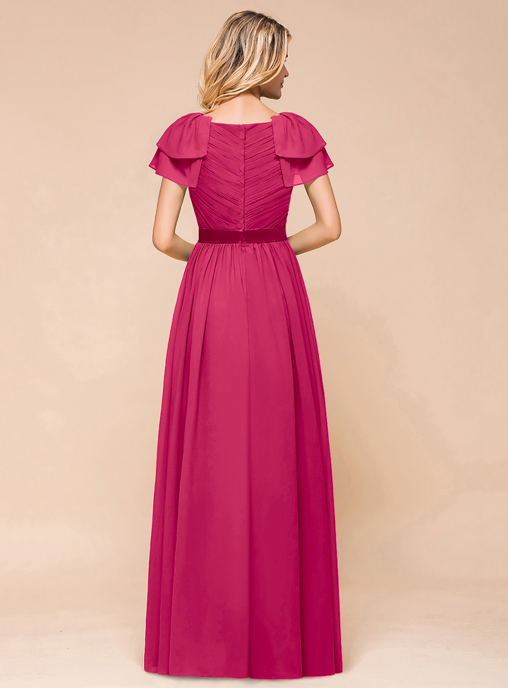 A-line Short Sleeves Ruffle Chiffon Floor-Length Dress Emerald-koscy