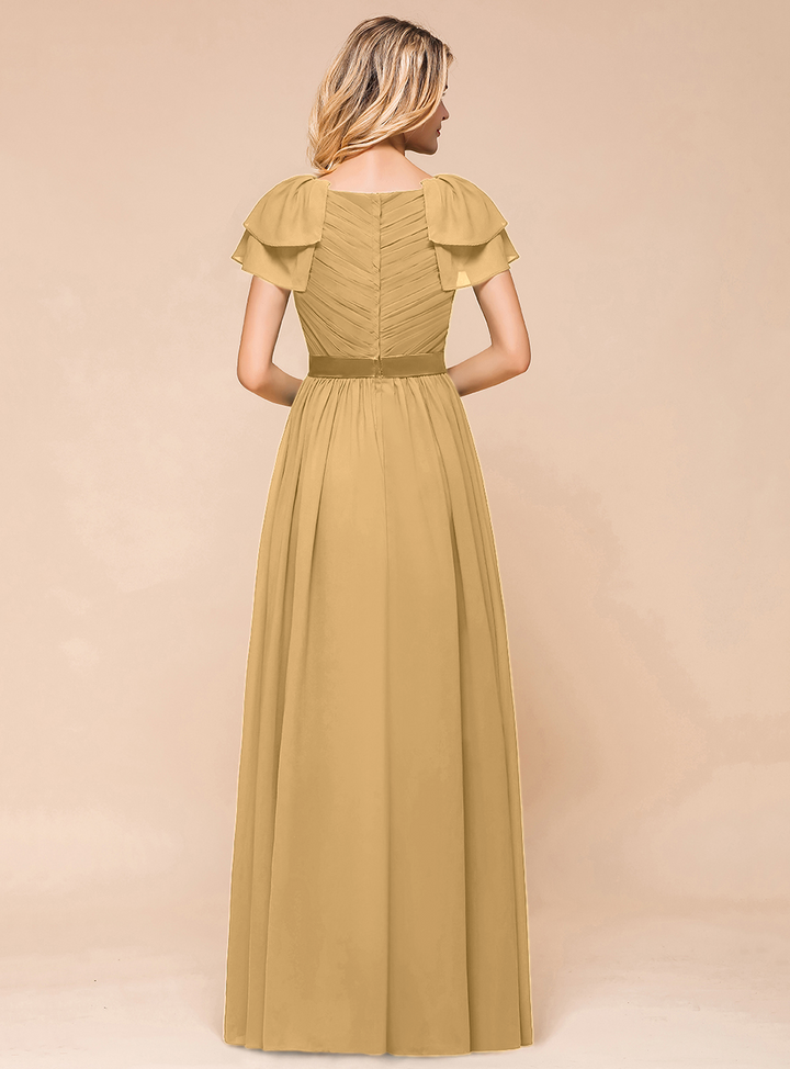 A-line Short Sleeves Ruffle Chiffon Floor-Length Dress Emerald-koscy