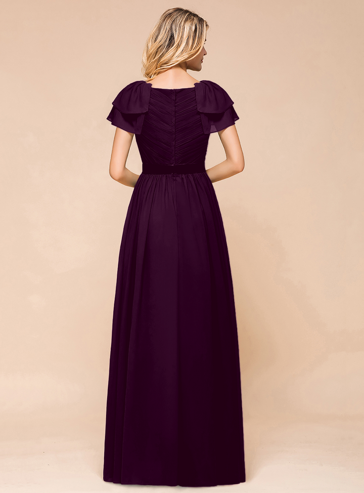 A-line Short Sleeves Ruffle Chiffon Floor-Length Dress Emerald-koscy