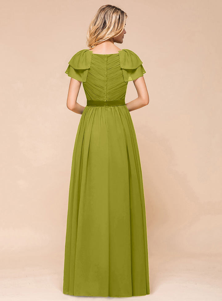 A-line Short Sleeves Ruffle Chiffon Floor-Length Dress Emerald-koscy