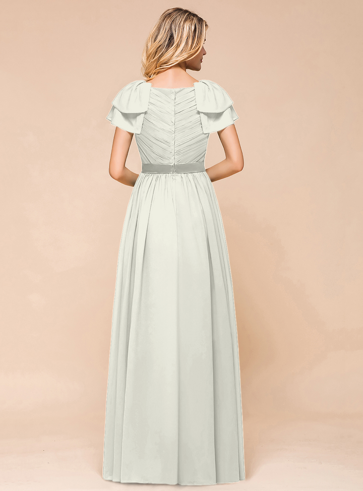 A-line Short Sleeves Ruffle Chiffon Floor-Length Dress Emerald-koscy