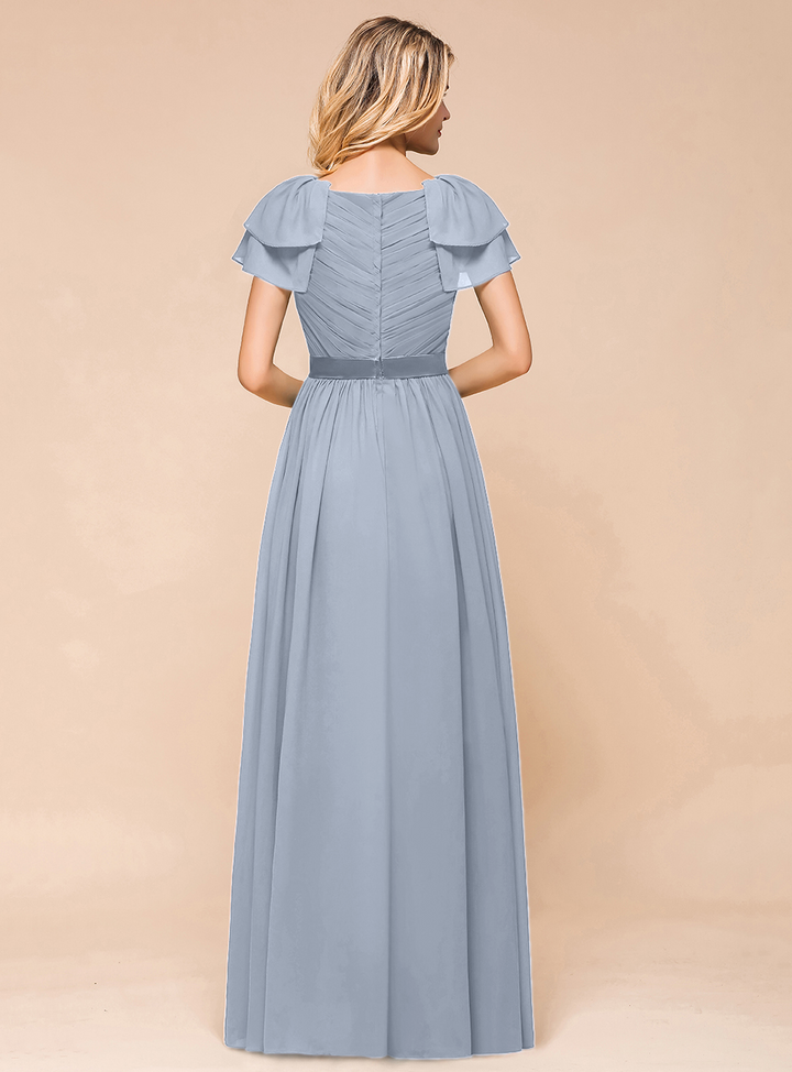 A-line Short Sleeves Ruffle Chiffon Floor-Length Dress Emerald-koscy