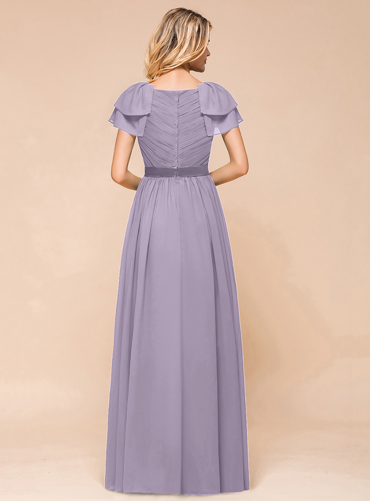 A-line Short Sleeves Ruffle Chiffon Floor-Length Dress Emerald-koscy