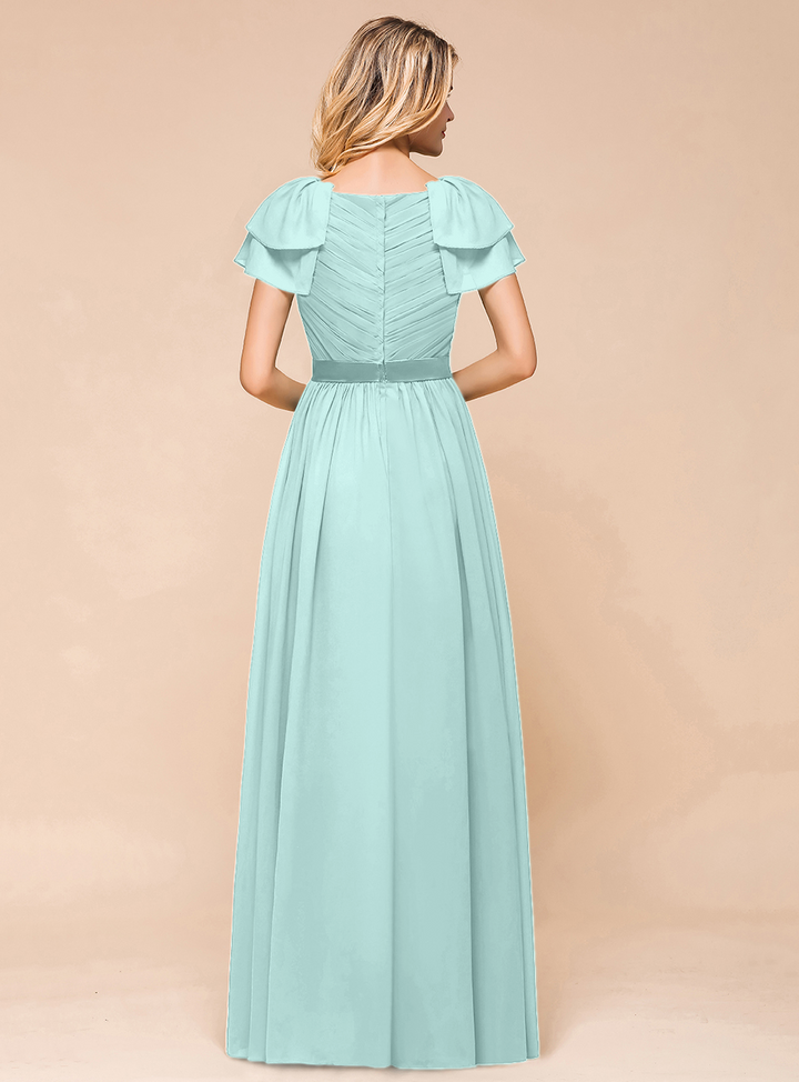 A-line Short Sleeves Ruffle Chiffon Floor-Length Dress Emerald-koscy