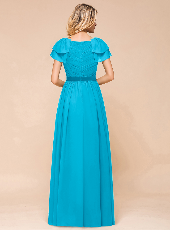 A-line Short Sleeves Ruffle Chiffon Floor-Length Dress Emerald-koscy