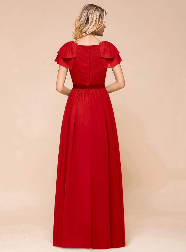 A-line Short Sleeves Ruffle Chiffon Floor-Length Dress Emerald-koscy