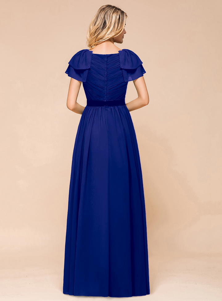 A-line Short Sleeves Ruffle Chiffon Floor-Length Dress Emerald-koscy