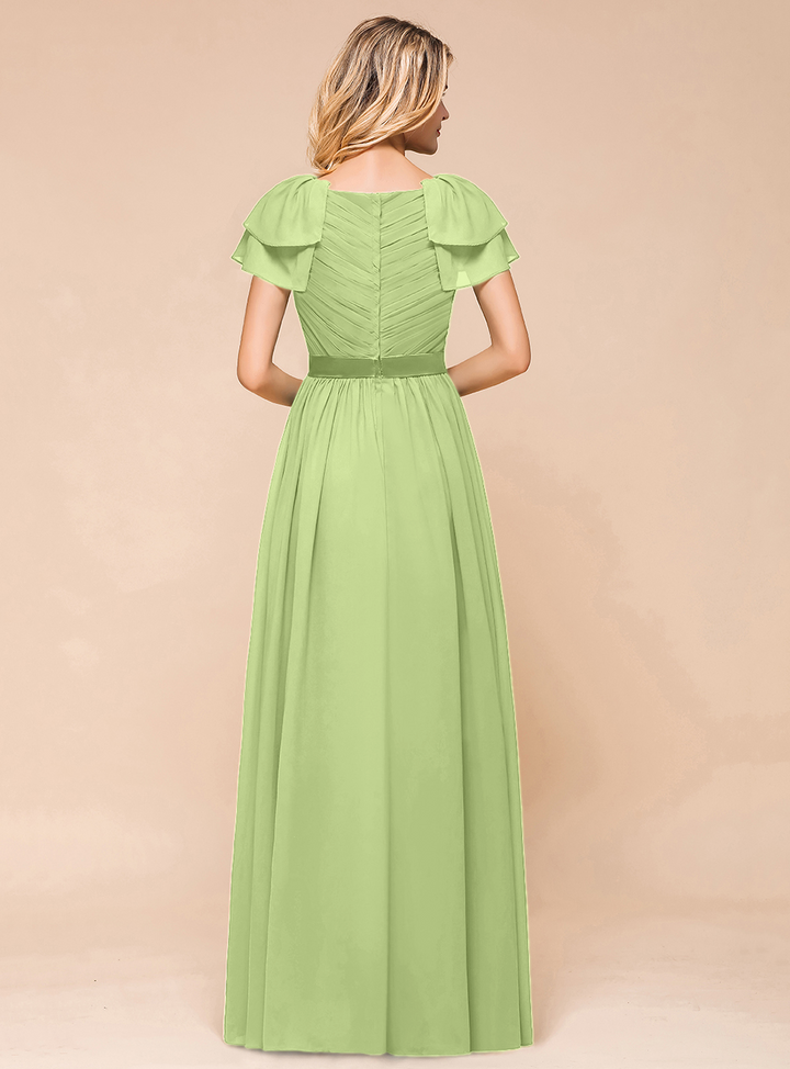 A-line Short Sleeves Ruffle Chiffon Floor-Length Dress Emerald-koscy