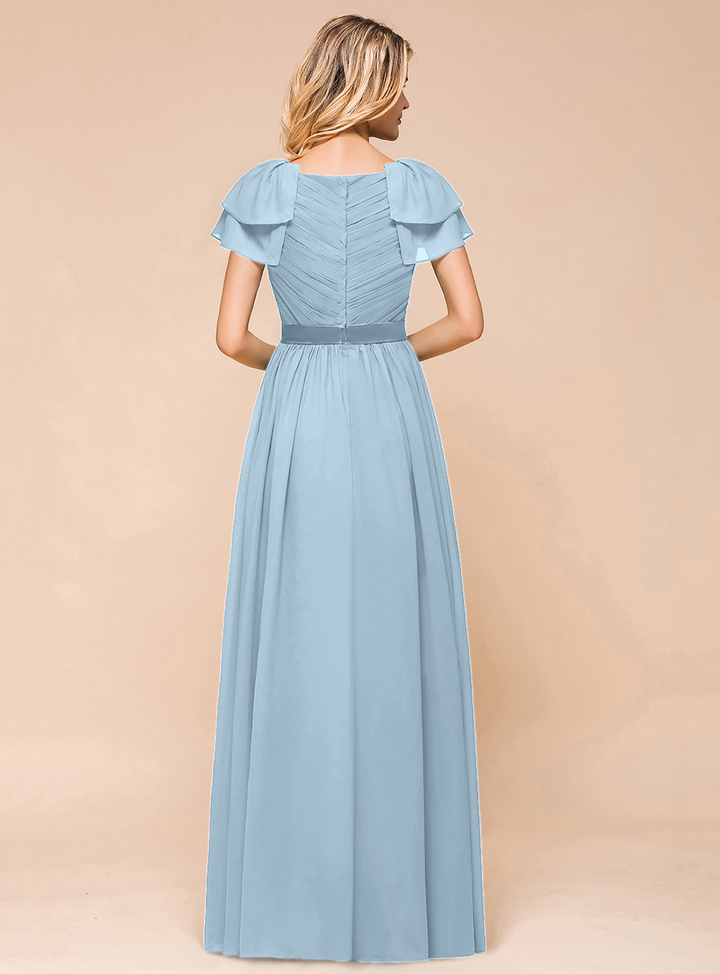 A-line Short Sleeves Ruffle Chiffon Floor-Length Dress Emerald-koscy