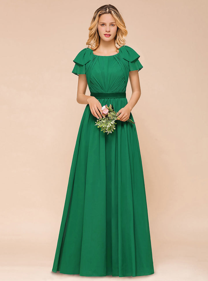 A-line Short Sleeves Ruffle Chiffon Floor-Length Dress Emerald-koscy