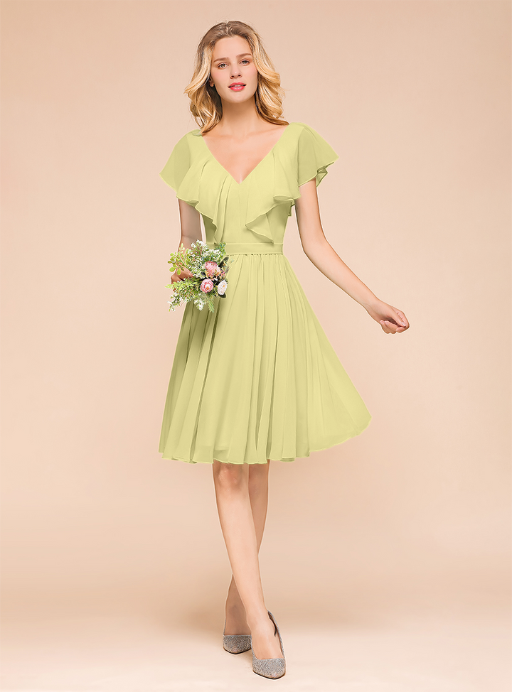 A-line Short Sleeves Ruffle Chiffon Knee-Length Dress Mint-koscy