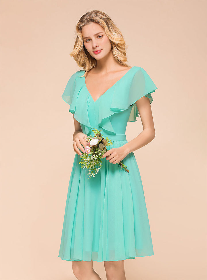 A-line Short Sleeves Ruffle Chiffon Knee-Length Dress Mint-koscy