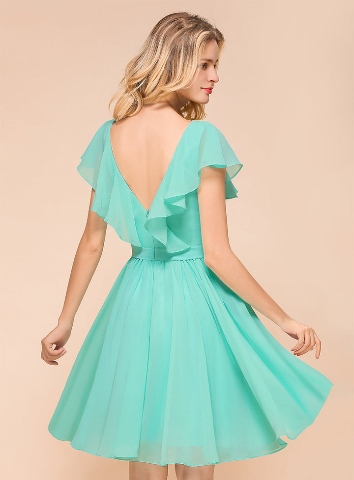 A-line Short Sleeves Ruffle Chiffon Knee-Length Dress Mint-koscy