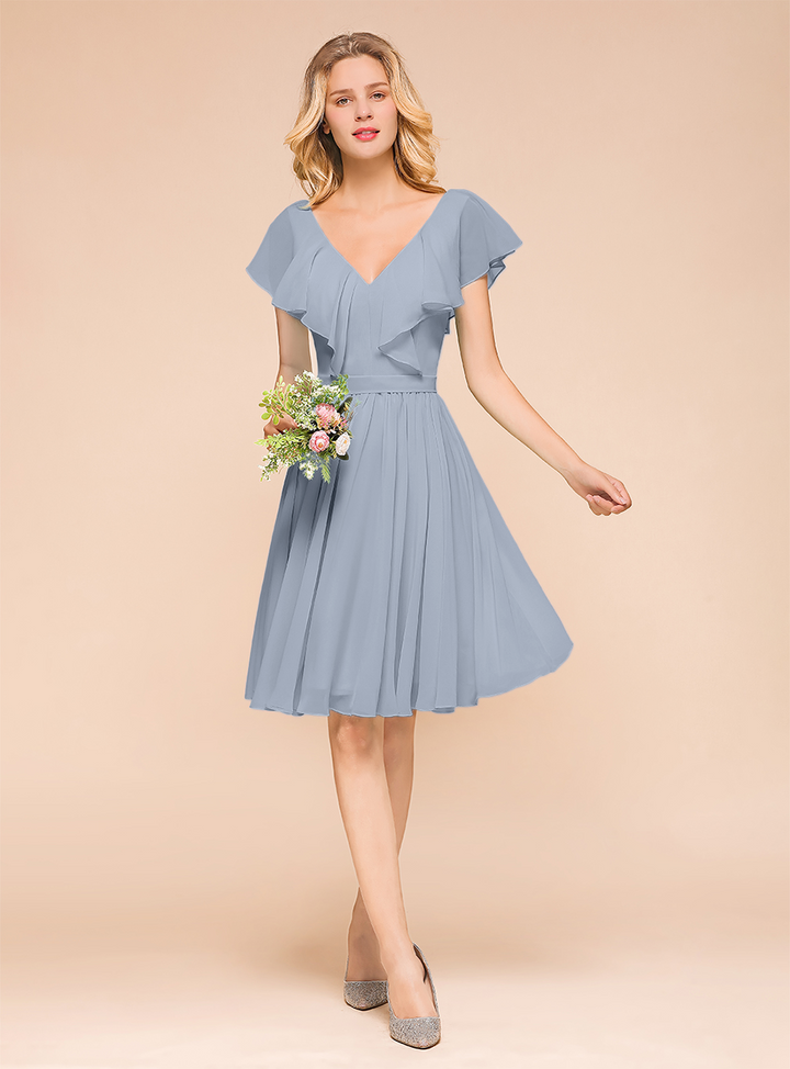 A-line Short Sleeves Ruffle Chiffon Knee-Length Dress Mint-koscy