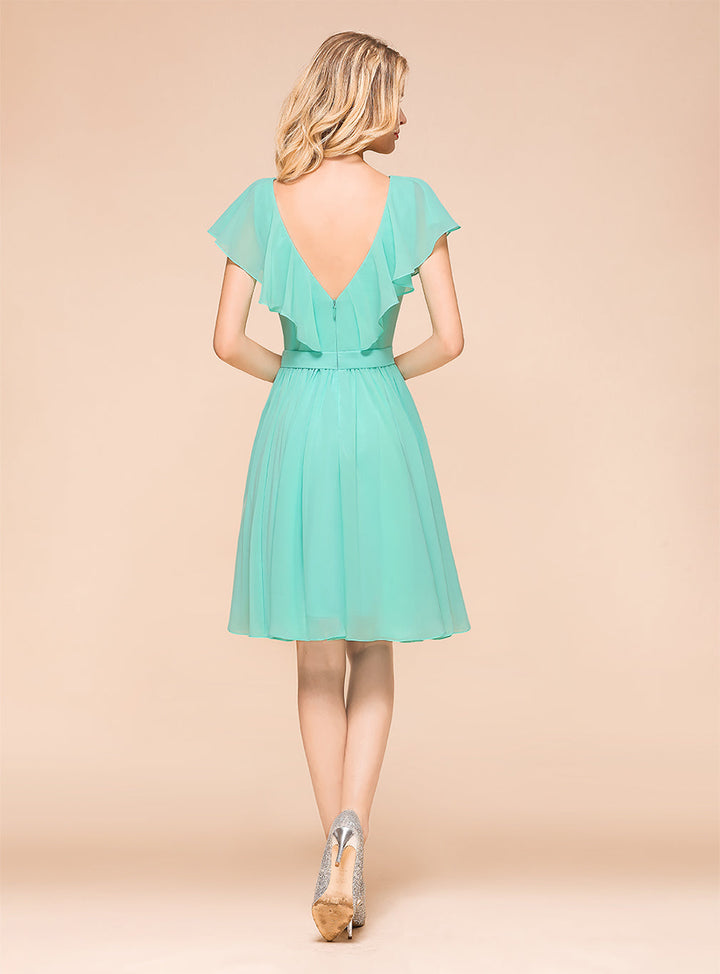 A-line Short Sleeves Ruffle Chiffon Knee-Length Dress Mint-koscy