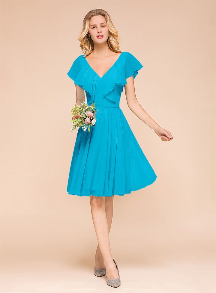 A-line Short Sleeves Ruffle Chiffon Knee-Length Dress Mint-koscy