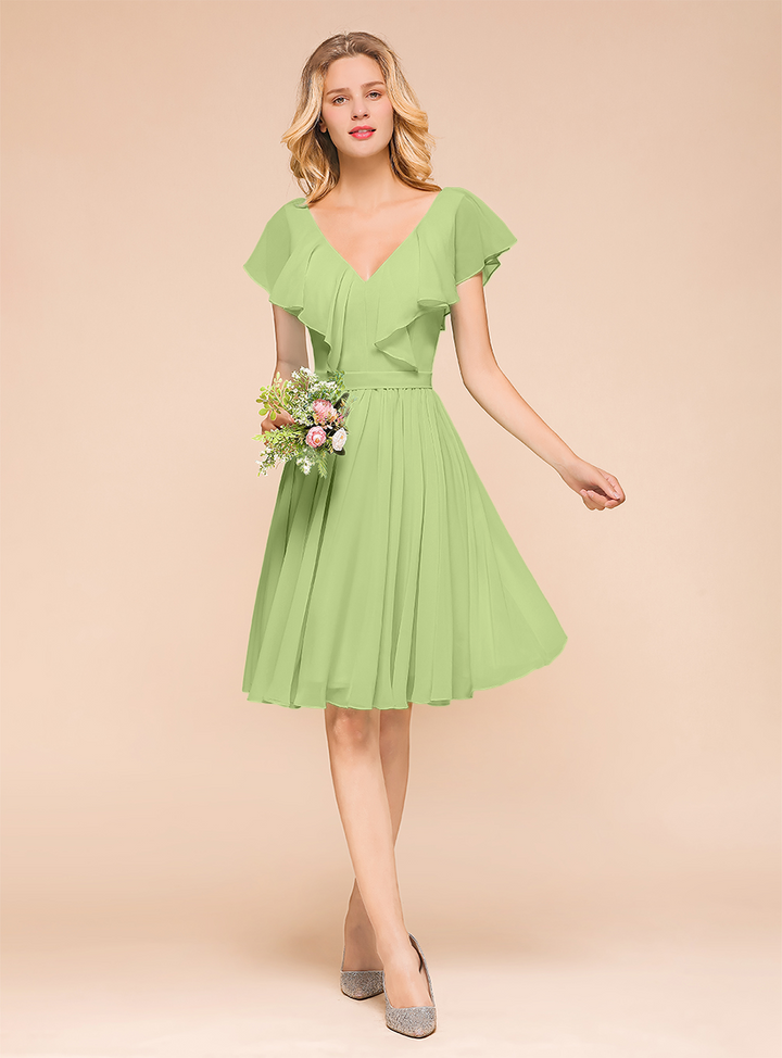 A-line Short Sleeves Ruffle Chiffon Knee-Length Dress Mint-koscy