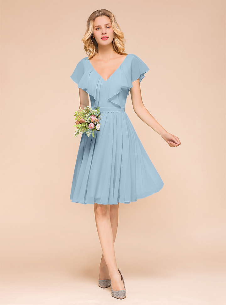 A-line Short Sleeves Ruffle Chiffon Knee-Length Dress Mint-koscy