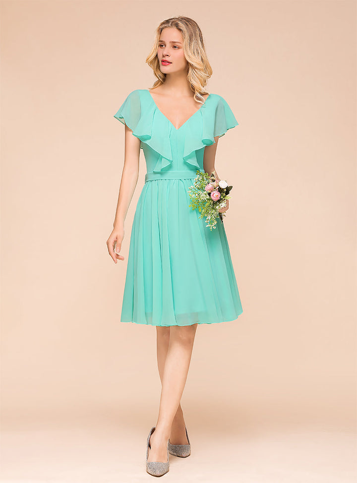 A-line Short Sleeves Ruffle Chiffon Knee-Length Dress Mint-koscy