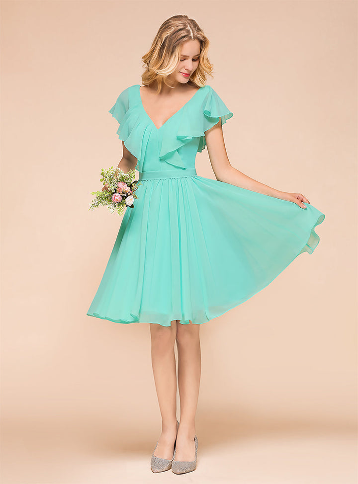 A-line Short Sleeves Ruffle Chiffon Knee-Length Dress Mint-koscy