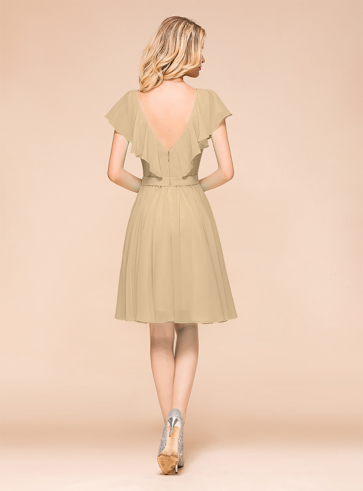 A-line Short Sleeves Ruffle Chiffon Knee-Length Dress Mint-koscy