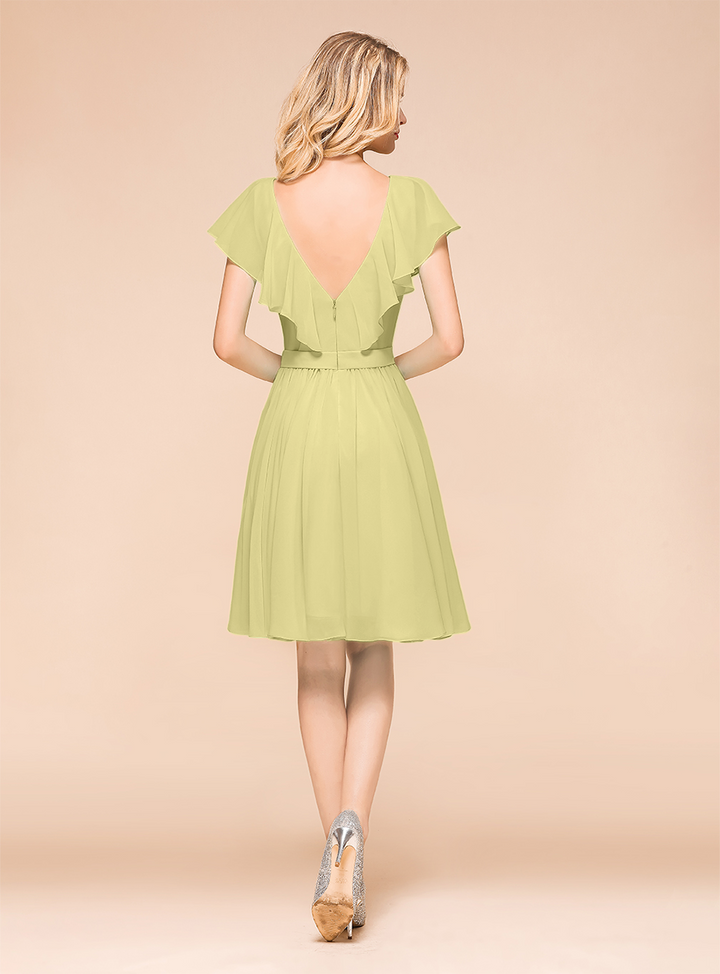 A-line Short Sleeves Ruffle Chiffon Knee-Length Dress Mint-koscy