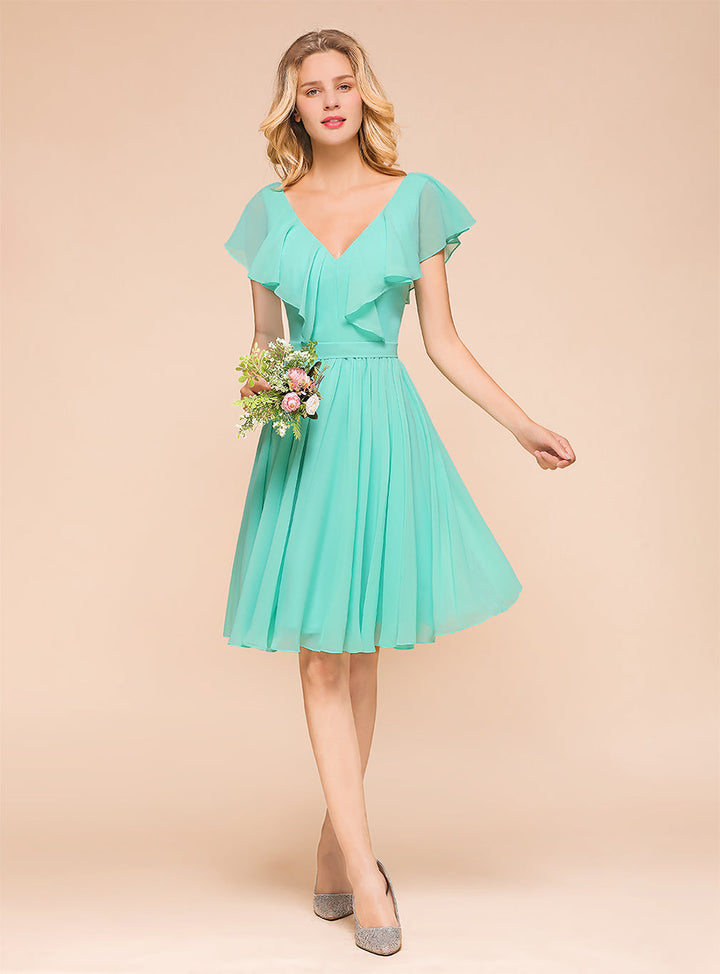 A-line Short Sleeves Ruffle Chiffon Knee-Length Dress Mint-koscy