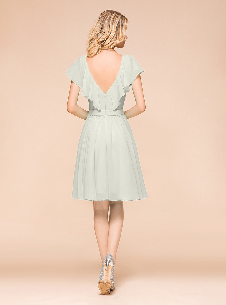 A-line Short Sleeves Ruffle Chiffon Knee-Length Dress Mint-koscy