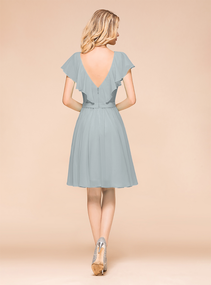 A-line Short Sleeves Ruffle Chiffon Knee-Length Dress Mint-koscy