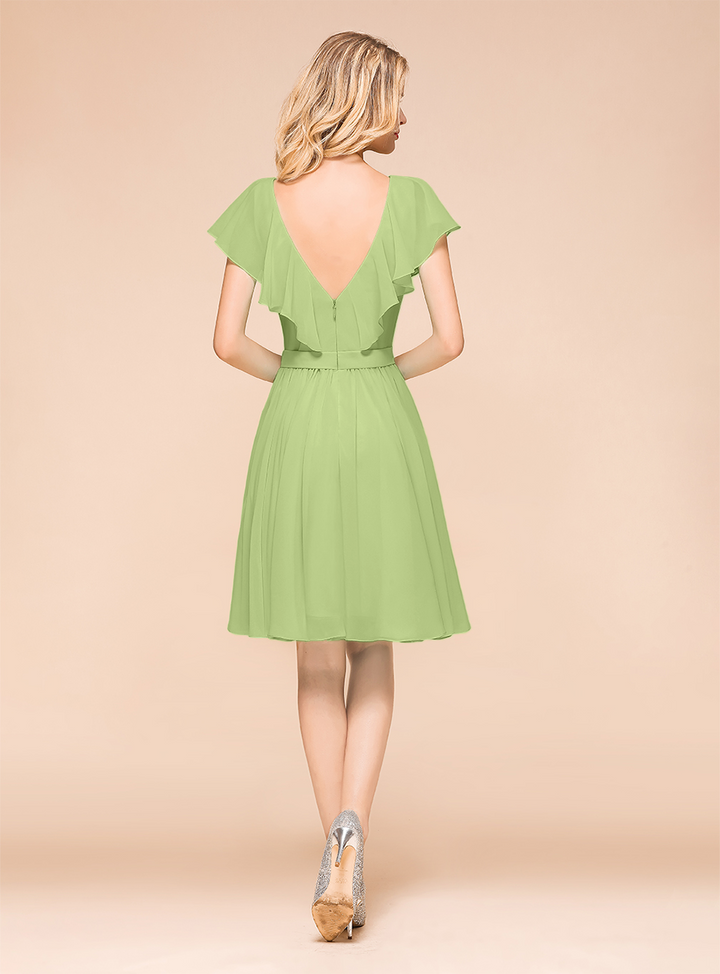 A-line Short Sleeves Ruffle Chiffon Knee-Length Dress Mint-koscy