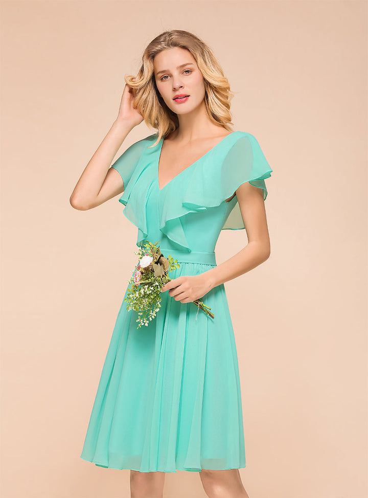 A-line Short Sleeves Ruffle Chiffon Knee-Length Dress Mint-koscy