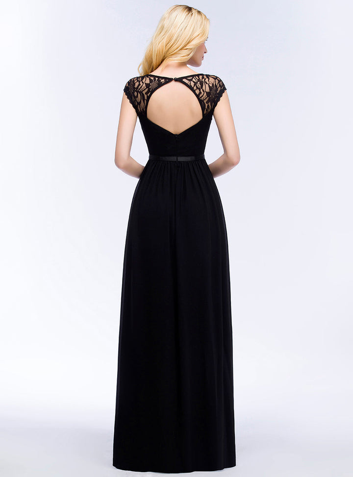 A-line Sleeveless Chiffon Floor-Length Dress Black-koscy