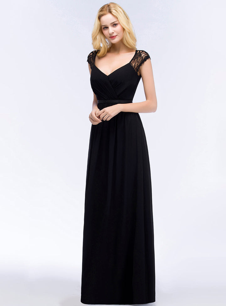 A-line Sleeveless Chiffon Floor-Length Dress Black-koscy