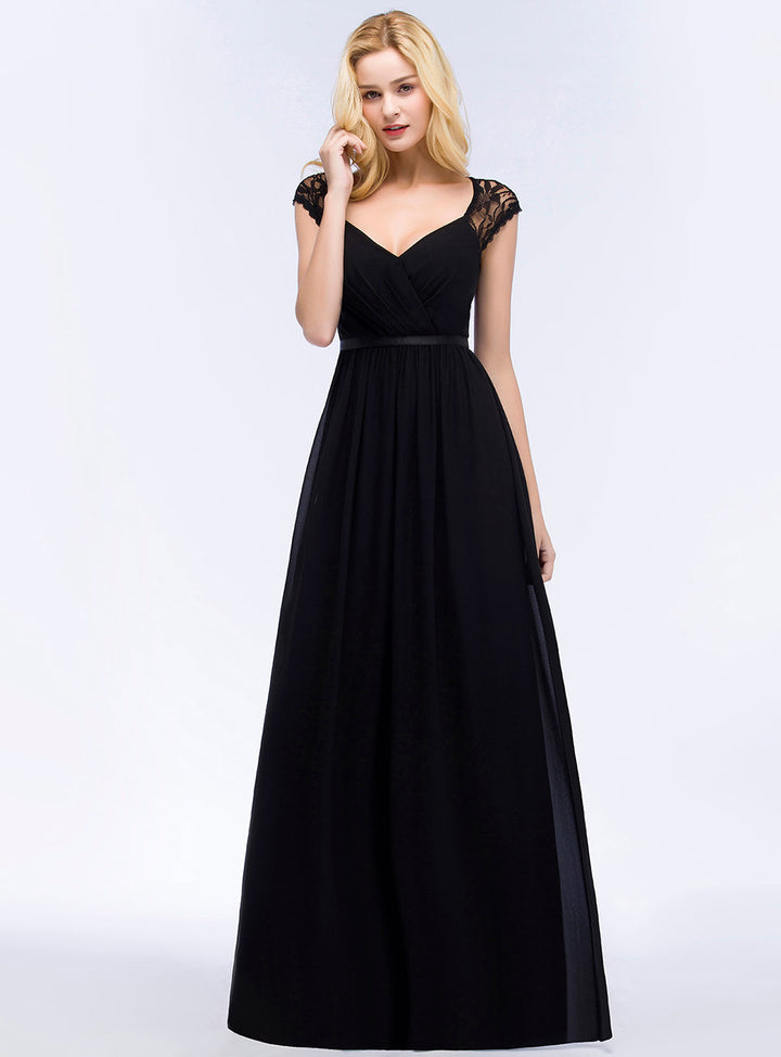 A-line Sleeveless Chiffon Floor-Length Dress Black-koscy