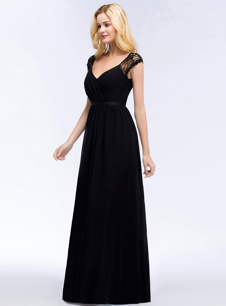 A-line Sleeveless Chiffon Floor-Length Dress Black-koscy