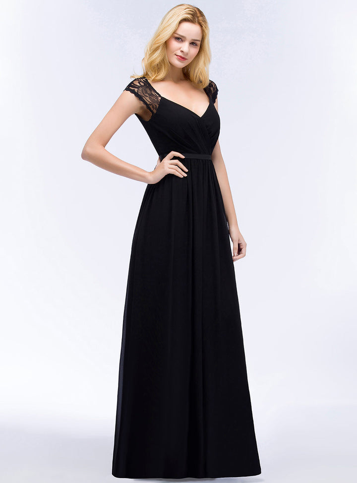 A-line Sleeveless Chiffon Floor-Length Dress Black-koscy