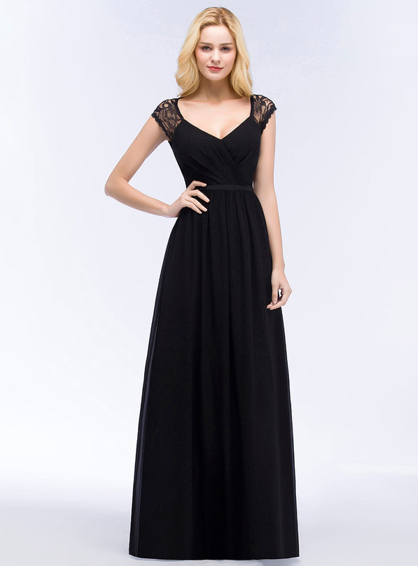 A-line Sleeveless Chiffon Floor-Length Dress Black-koscy