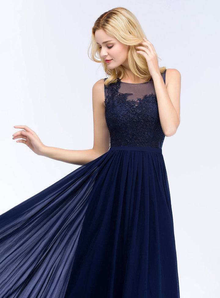 A-line Sleeveless Chiffon Floor-Length Dress Navy-koscy