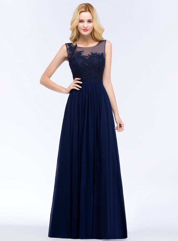 A-line Sleeveless Chiffon Floor-Length Dress Navy-koscy