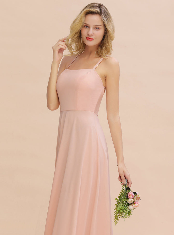 A-line Sleeveless Chiffon Floor-Length Dress with Straps-koscy