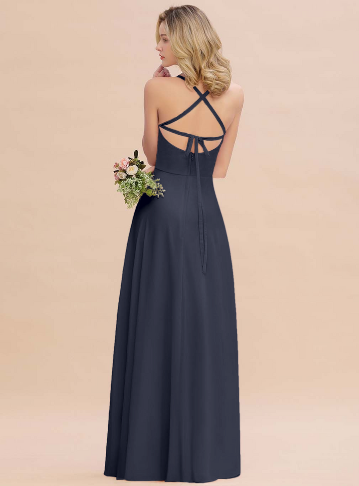 A-line Sleeveless Chiffon Floor-Length Dress with Straps-koscy