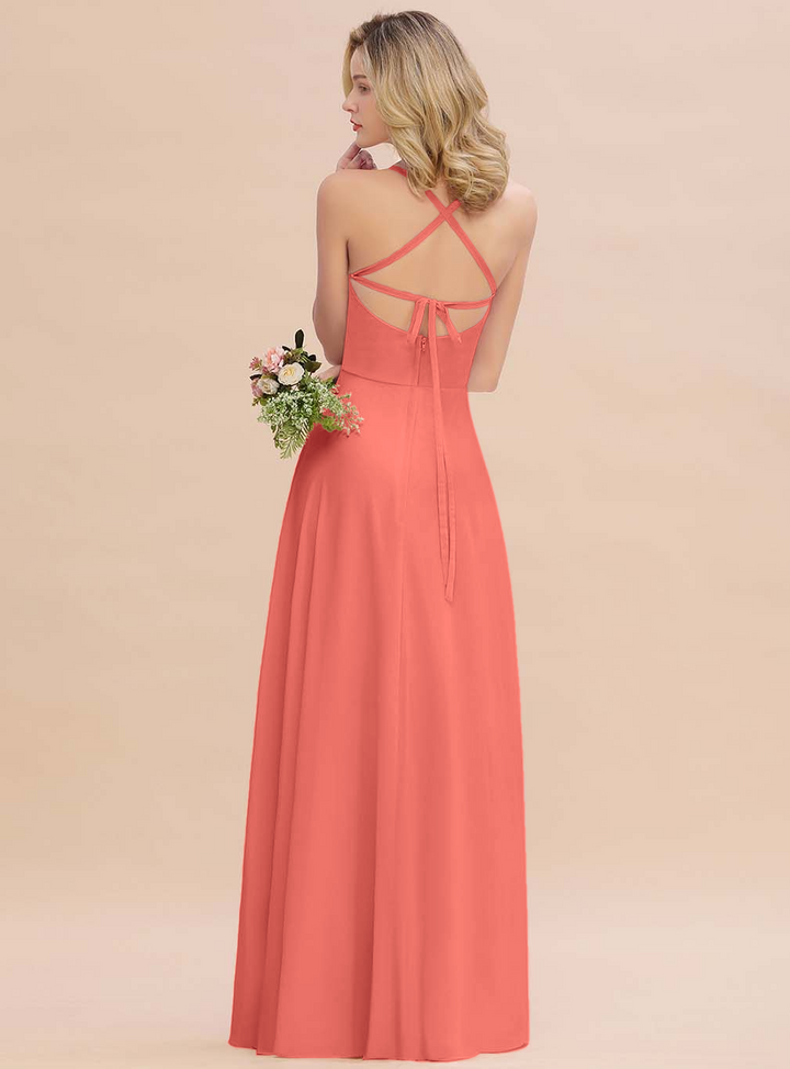 A-line Sleeveless Chiffon Floor-Length Dress with Straps-koscy