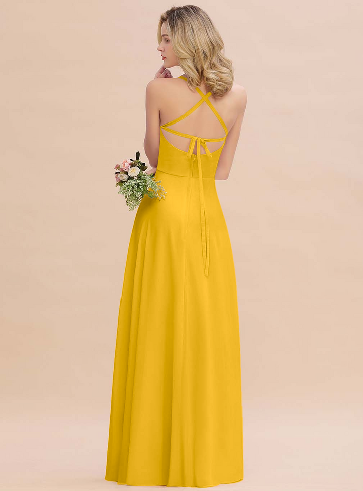 A-line Sleeveless Chiffon Floor-Length Dress with Straps-koscy