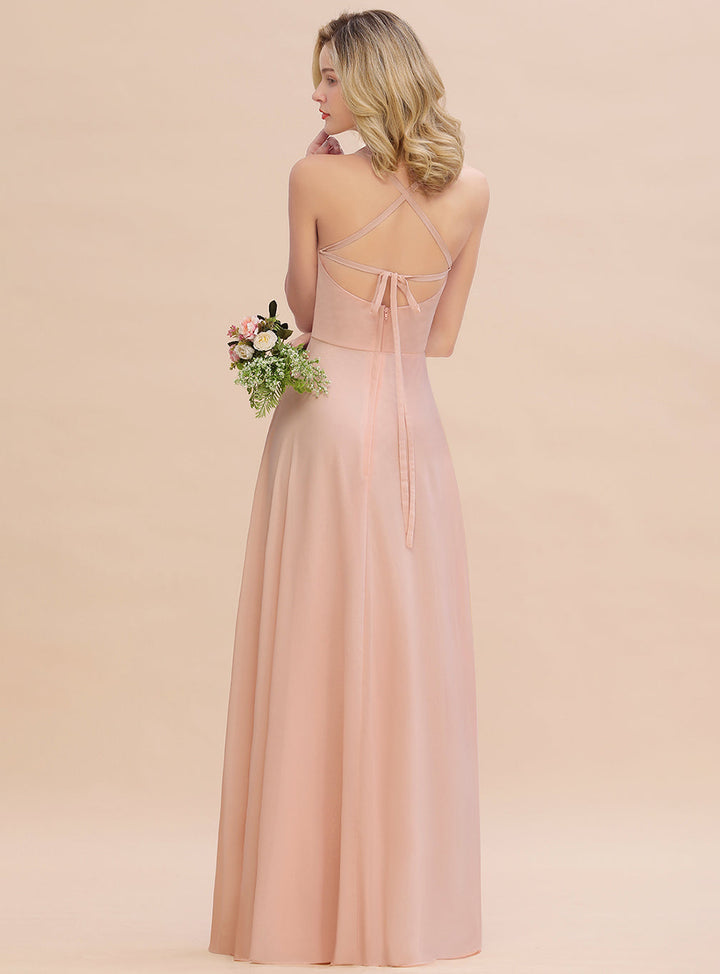 A-line Sleeveless Chiffon Floor-Length Dress with Straps-koscy