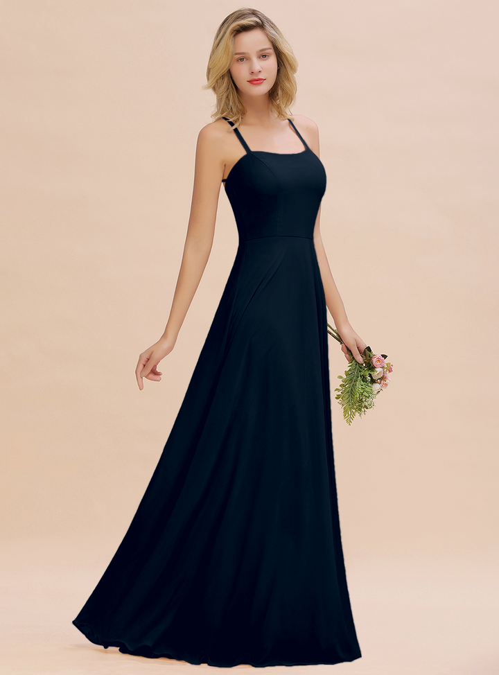 A-line Sleeveless Chiffon Floor-Length Dress with Straps-koscy