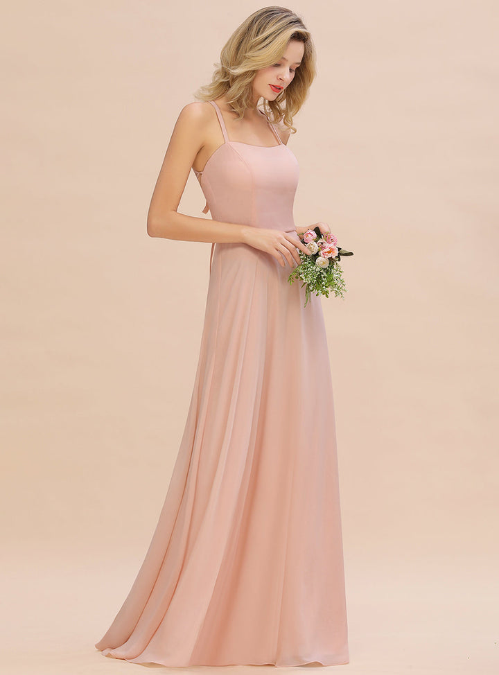 A-line Sleeveless Chiffon Floor-Length Dress with Straps-koscy